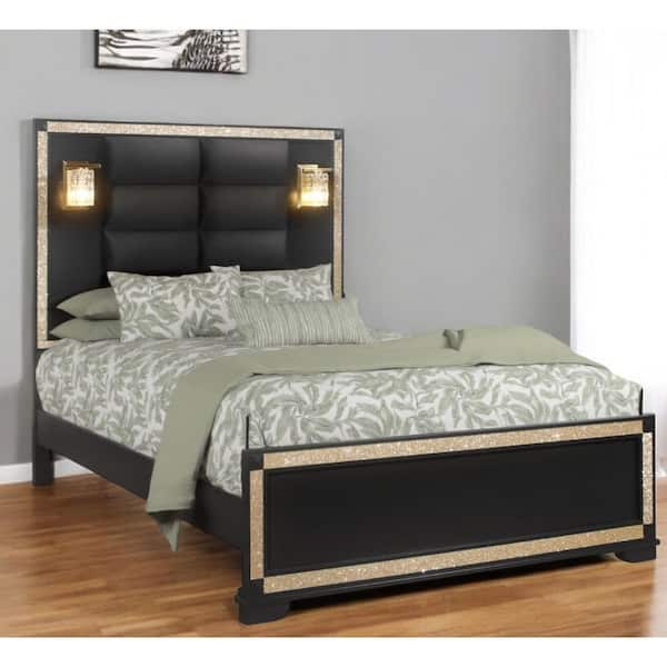 HomeRoots Black Wood Frame Queen Panel Bed with Upholstered;Tufted
