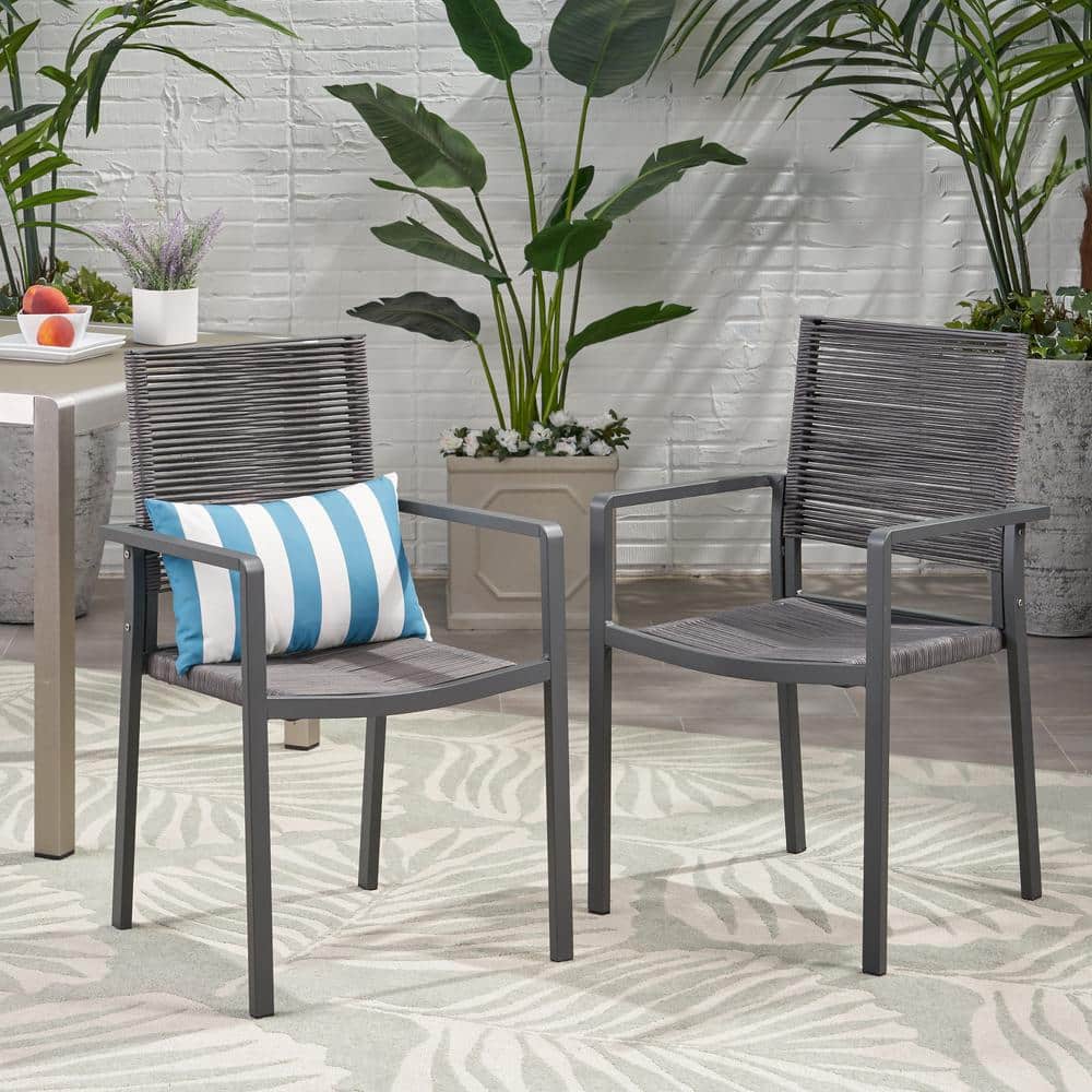 Dark Gray Outdoor Modern Aluminum Dining Chair with Seat Set of 2