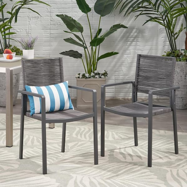 Unbranded Dark Gray Outdoor Modern Aluminum Dining Chair with Seat Set of 2