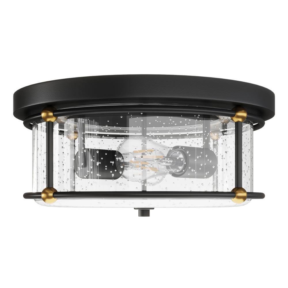 Aiwen 13.77 in. 2-Light Industrial Black Flush Mount Ceiling Light Fixture with Glass Shade