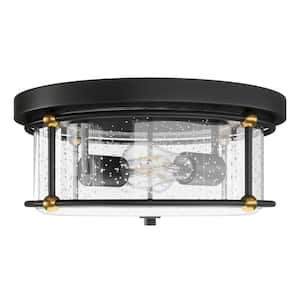 13.77 in. 2-Light Industrial Black Flush Mount Ceiling Light Fixture with Glass Shade