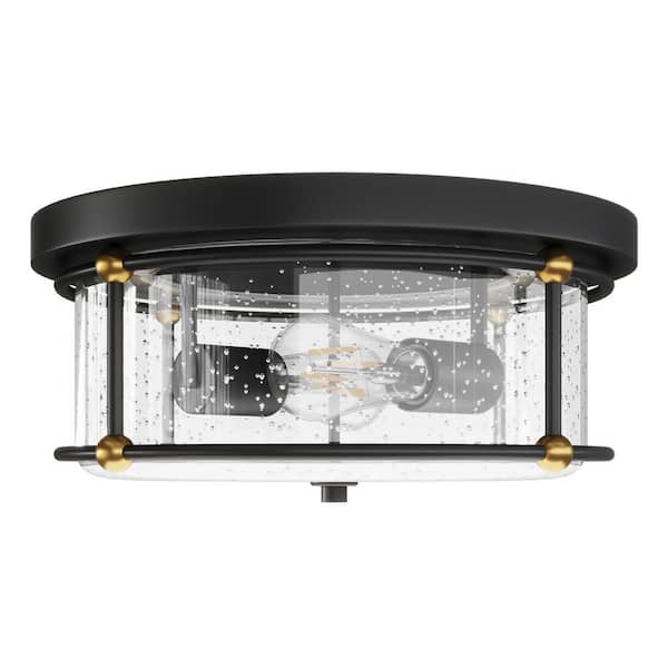 aiwen 13.77 in. 2-Light Industrial Black Flush Mount Ceiling Light Fixture with Glass Shade