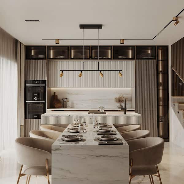 Shura Black and Brass 4-Light Track Lighting Pendant, Rotatable Heads, Integrated LED, Adjustable Height, 3000K, 1960L