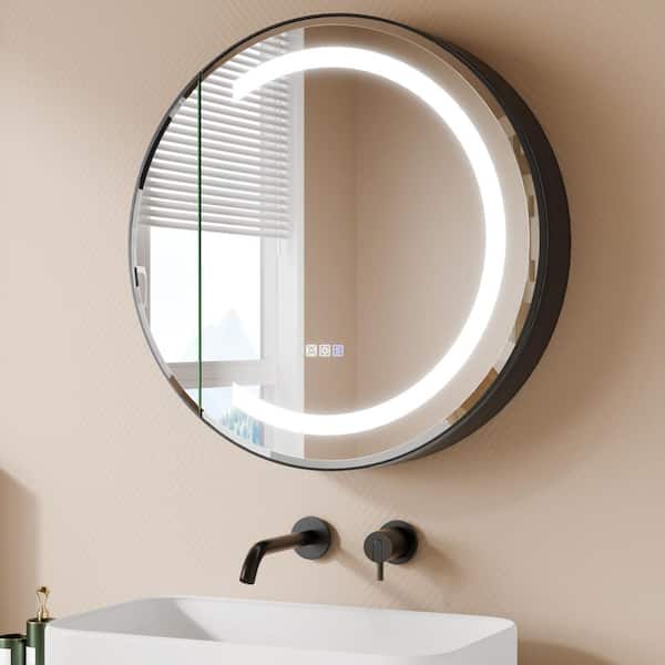 Radii 30 in. W x 30 in. H Round Silver Aluminum Medicine Cabinet with Mirror, Dimmable LED, Soft-Close Hinge