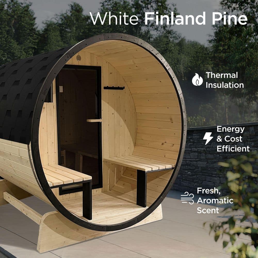 3-Person Yellow Pine Wood Oval Barrel Sauna with Glass Door