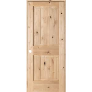 32 in. x 80 in. Knotty Alder 2 Panel Square Top V-Groove Solid Wood Right-Hand Single Prehung Interior Door
