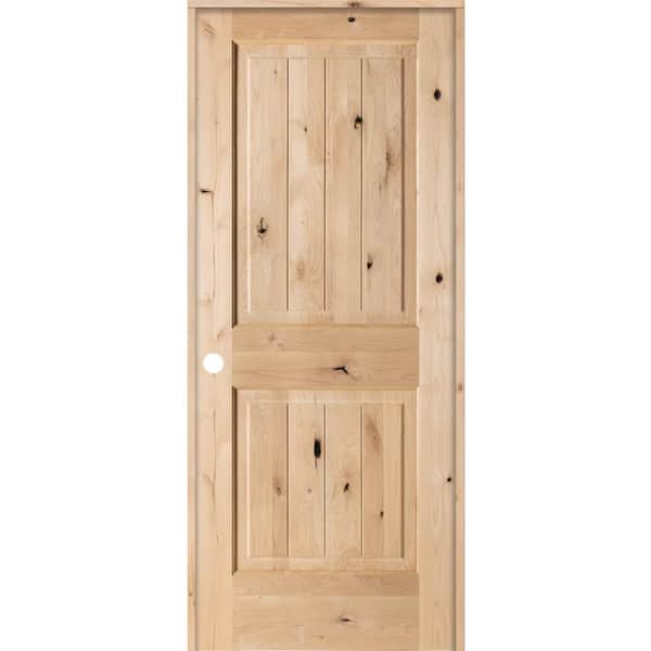 Krosswood Doors 32 in. x 80 in. Knotty Alder 2 Panel Square Top V-Groove Solid Wood Right-Hand Single Prehung Interior Door