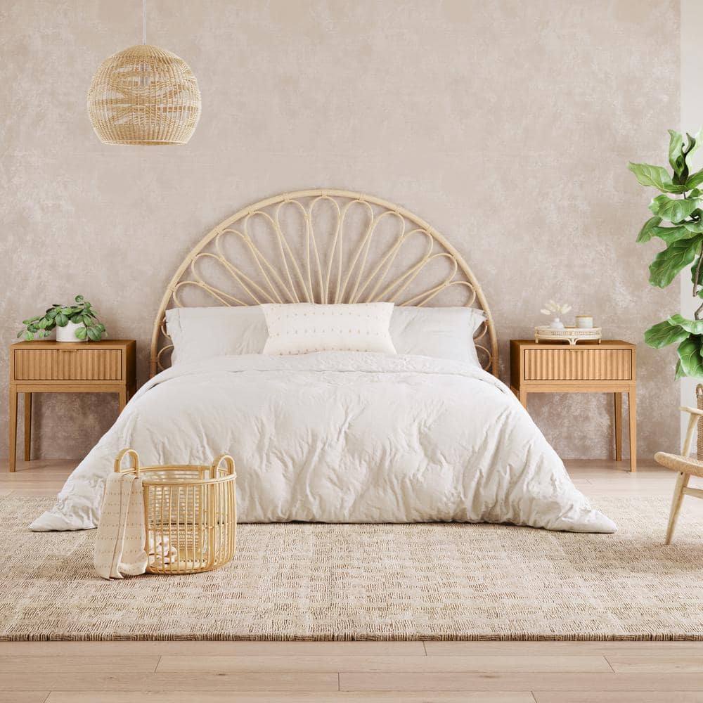 Natural Brown Fluted Wood Nightstand Set with Brass Handles