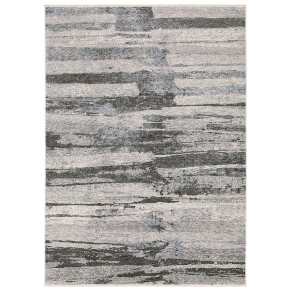 7' X 10' Gray And Ivory Abstract Area Rug With Fringe