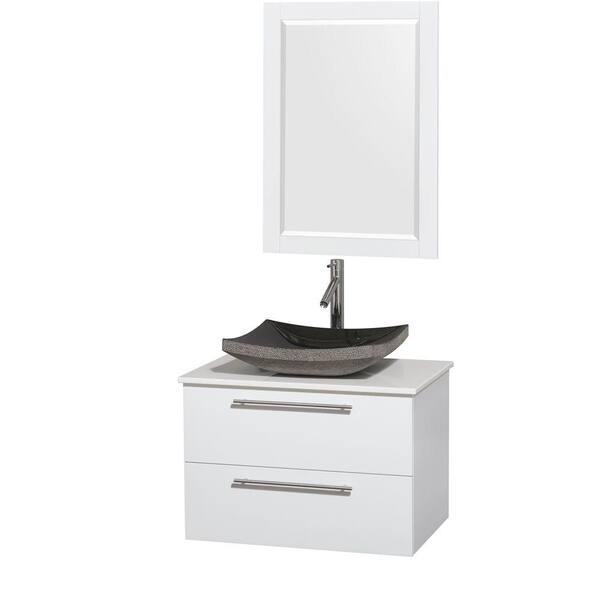 Wyndham Collection Amare 30 in. Vanity in Glossy White with Solid-Surface Vanity Top in White, Granite Sink and 24 in. Mirror