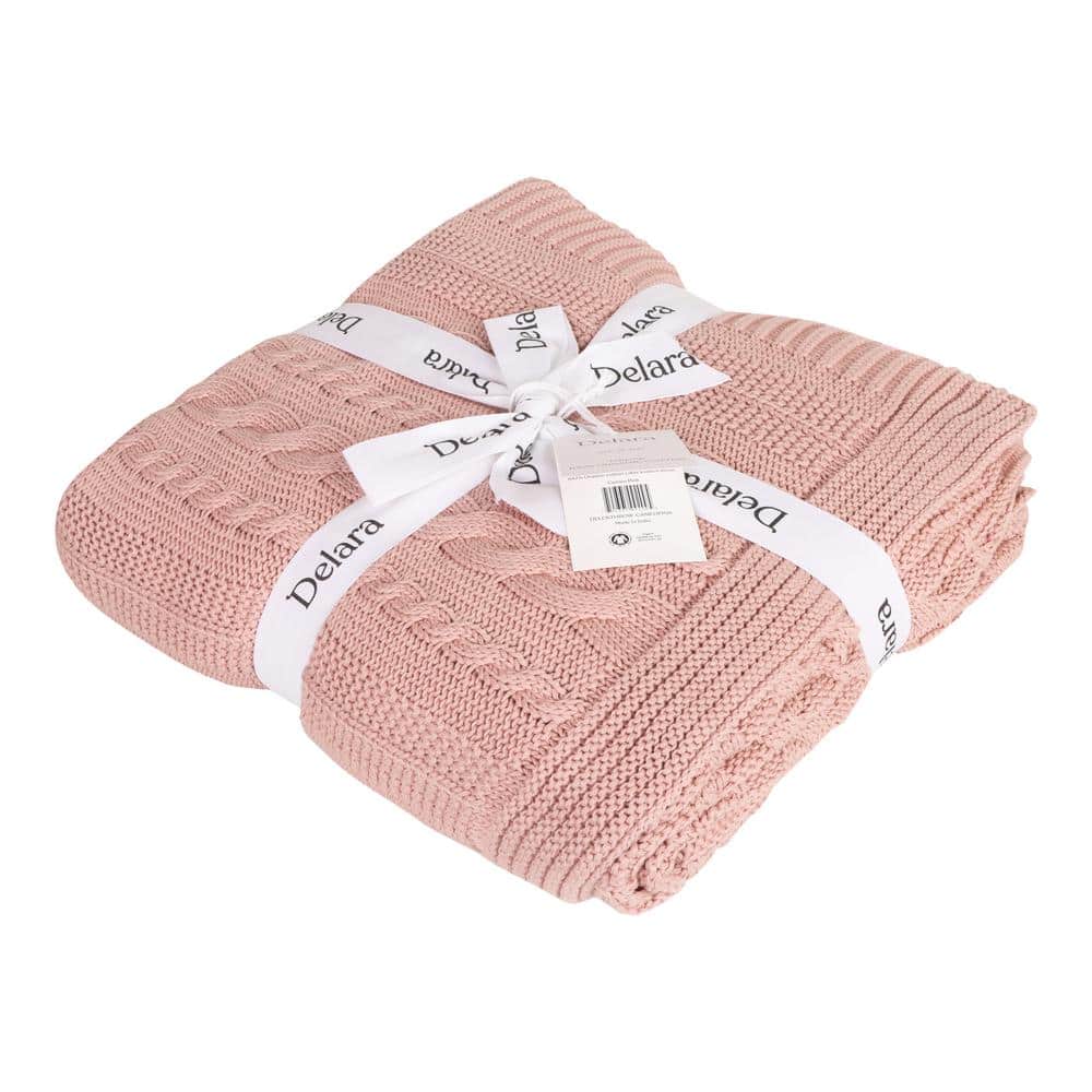 Cameo Pink Organic Cotton Cable Knitted Throw Blanket 50x70 Inches