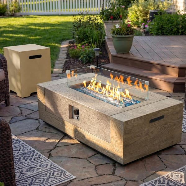 50-Inch Rectangular Concrete Propane Fire Pit Table with Tank Cover and Wind Guard,Natural Oak
