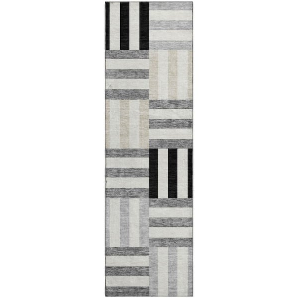 Mayfield Premium Machine Washable Abstract AMF2332 Black 2 ft. x 7 ft. Runner Rug