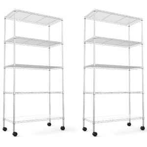 30 in. W x 60 in. H x 14 in. D Heavy Duty 5-Tier Iron Shelving Unit, Large Rectangular Storage Shelves in Chrome, 2-Pack