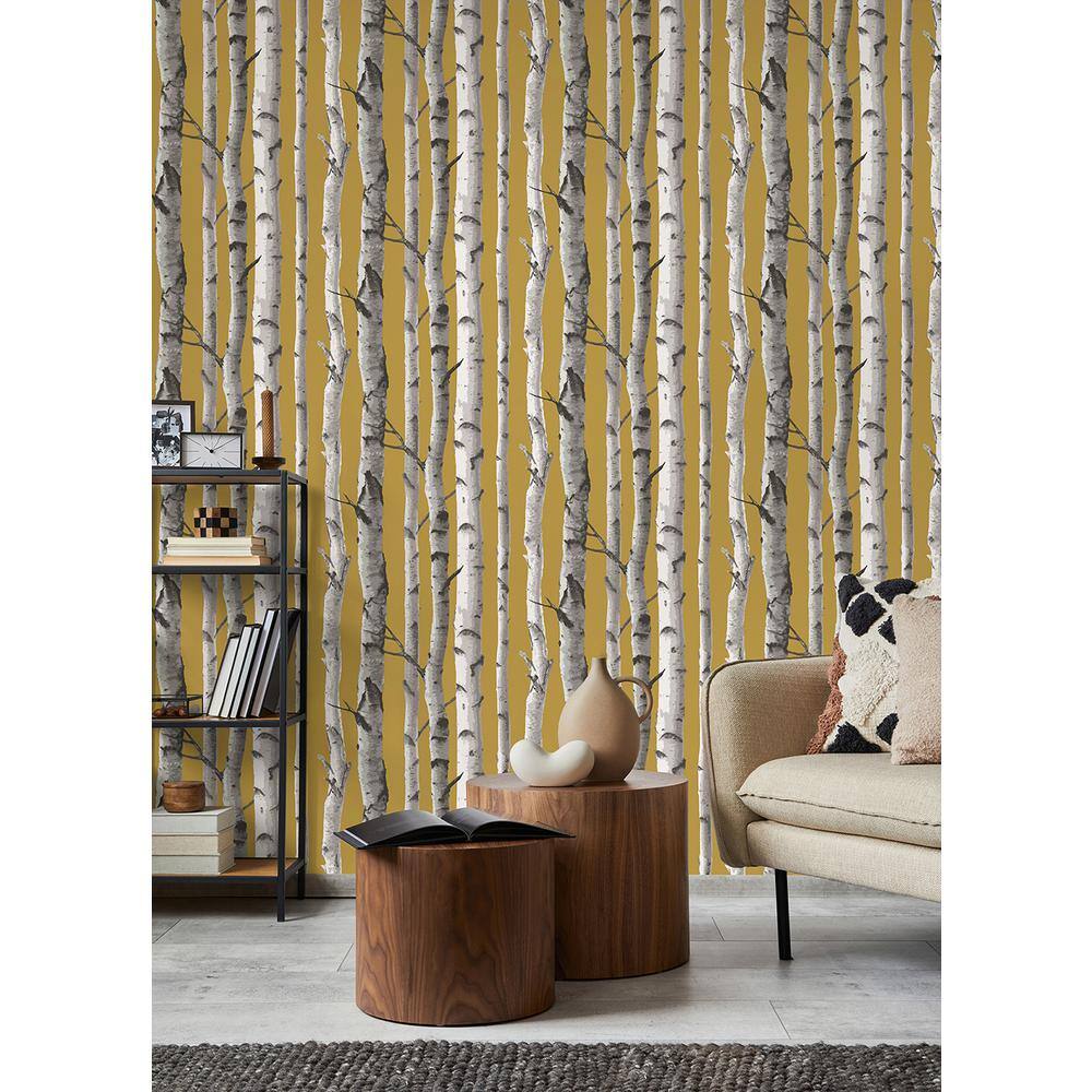 Mustard Yellow Birch Trees Non-pasted Washable Wallpaper