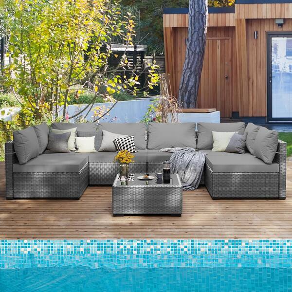 UPHA 7-Piece Gray Wicker Patio Conversation Set with Light Gray Cushions