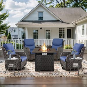 7-Piece Brown Wicker Outdoor Square Fire Pit Conversation Set with Blue Cushions and Swivel Rocker Patio Chairs