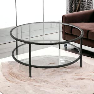 36 in. Black Round Glass Coffee Table with Shelves Storage