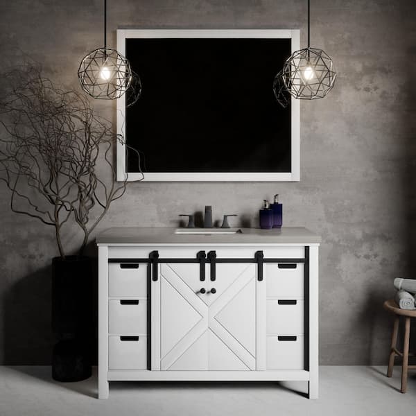 Marsyas 48 in W x 22 in D White Bath Vanity, Grey Quartz Countertop and 44 in Mirror