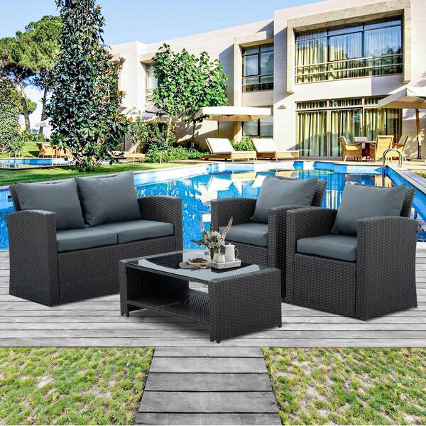 Cesicia 4-Piece PE Rattan Wicker Outdoor Patio Conversation Sectional Sofa with Dark Gray Cushions and Coffee Table