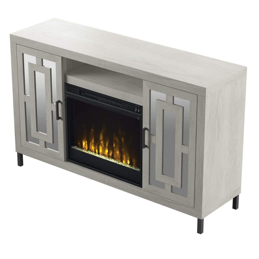 White TV Stand with Electric Fireplace and Mirrored Cabinet Doors
