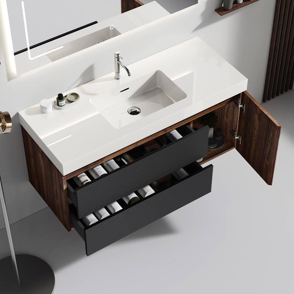 TCYO 48 in. Wall Mounted Black Brown Bath Vanity with White Solid ...