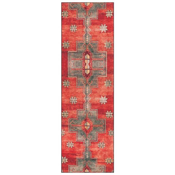 Tucson 3 ft. x 12 ft. Rust/Green Symmetrical Geometric Washable Runner Rug