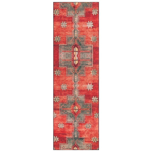 Tucson 3 ft. x 6 ft. Rust/Green Symmetrical Geometric Washable Runner Rug