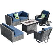 Iris Gray 8-Piece Wicker Outerdoor Patio Rectangular Fire Pit Set with Denim Blue Cushions and Swivel Rocking Chairs