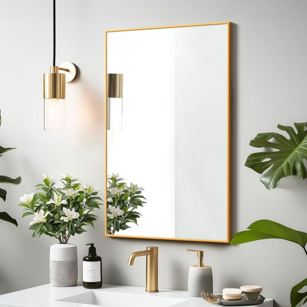 26 in. W x 38 in. H Rectangular Metal Framed Bathroom Wall Mirror in Gold