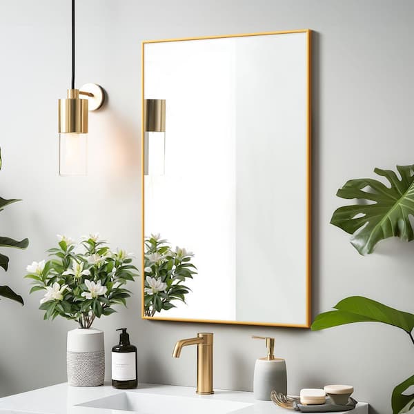 Lirago 26 in. W x 38 in. H Rectangular Metal Framed Bathroom Wall Mirror in Gold