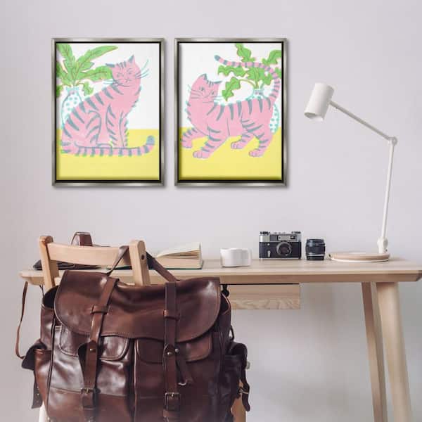 Pastel Pink Cats and Plants by Hannah Moren 2 Piece Gray Floater Frame Animal Graphic Art Print 31 in. x 21 in.