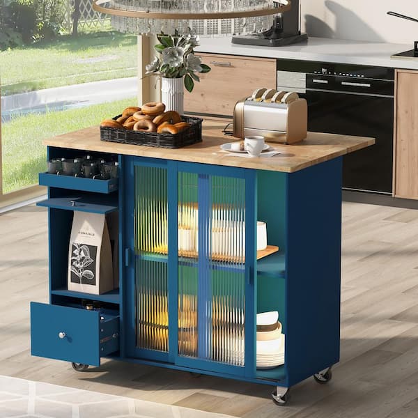 Xzkai Navy Blue Wood 44 in. Kitchen Island with Adjustable Shelf, Fluted Glass-Doors