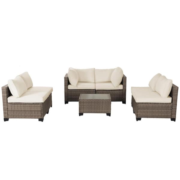7-Piece All-Weather PE Wicker Patio Conversation Set with Beige Cushions and coffee table