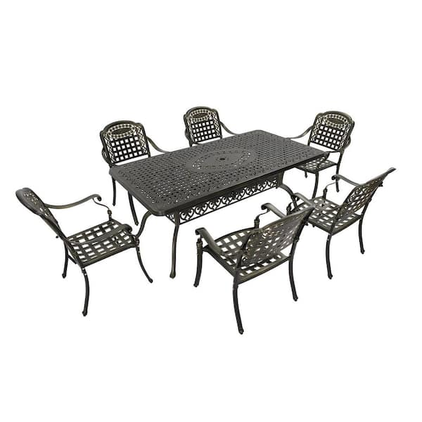 Unbranded 7-Piece Antique Bronze and Gold Cast Aluminum Patio Outdoor Dining Set with 71 in. Rectangular Table and 6-Dining Chairs