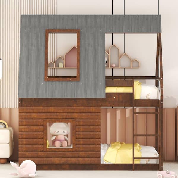 Gray and Oak Twin House Bunk Bed with Roof and 2 Windows