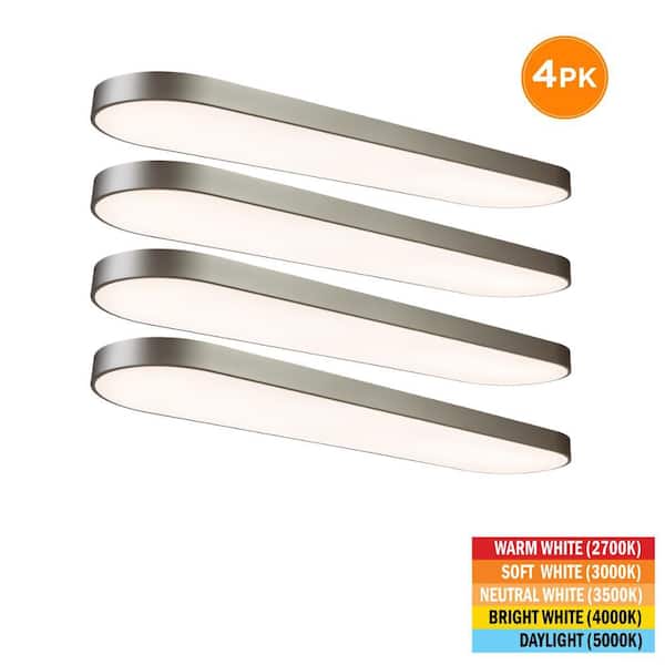 4-Pack 4 ft. x 12 in. LED Flush Mount Ceiling Light Fixture, 2700K 3000K 3500K 4000K 5000K, 4500 Lumens, Satin Nickel