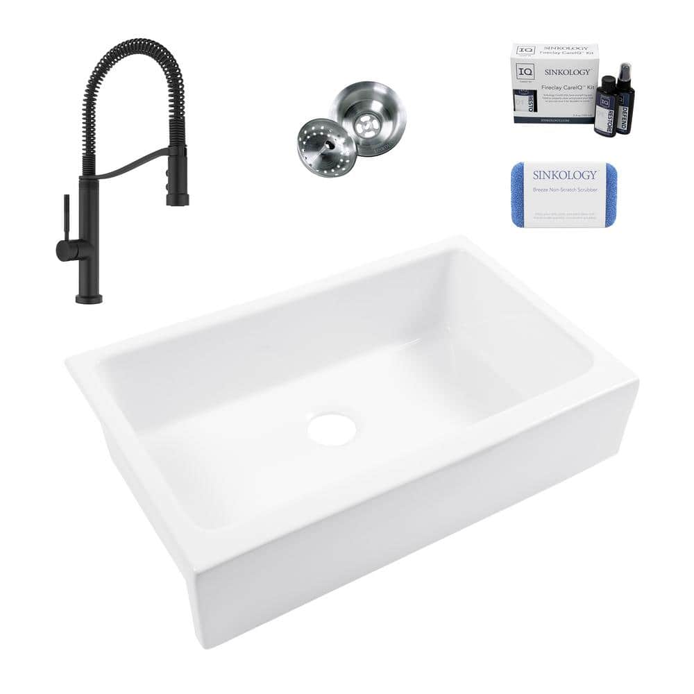 Grace White Fireclay Farmhouse Apron Kitchen Sink with Black Faucet