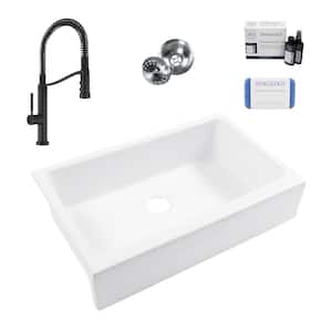 Grace 34 in. Quick-Fit Farmhouse Undermount Single Bowl White Fireclay Kitchen Sink with Bruton Black Faucet Kit