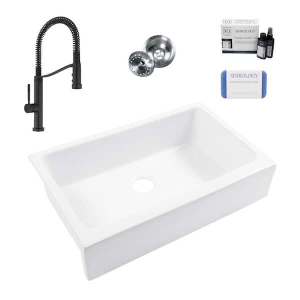 Grace 34 in. Quick-Fit Farmhouse Undermount Single Bowl White Fireclay Kitchen Sink with Bruton Black Faucet Kit