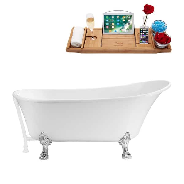 Streamline 67 in. Acrylic Clawfoot Non-Whirlpool Bathtub in Glossy White With Polished Chrome Clawfeet And Glossy White Drain