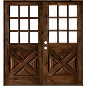 64 in. x 80 in. Knotty Alder 2-Panel Right-Hand/Inswing Clear Glass Provincial Stain Double Wood Prehung Front Door
