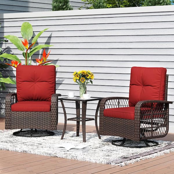 SUNMTHINK Outdoor 3-Piece Wicker Swivel Rocking Chairs Patio Conversation Sets with Red Cushions and Coffee Table