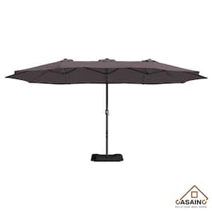 15 ft. Steel Market Patio Umbrella Double-Sided Twin Large Patio Umbrella with Base in Brown