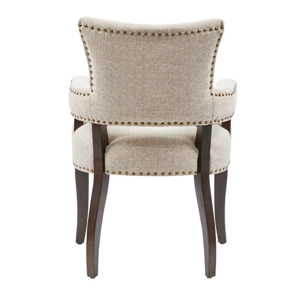 Elegant Cream Upholstered Dining Armchair with Brass Trim, Set of 2