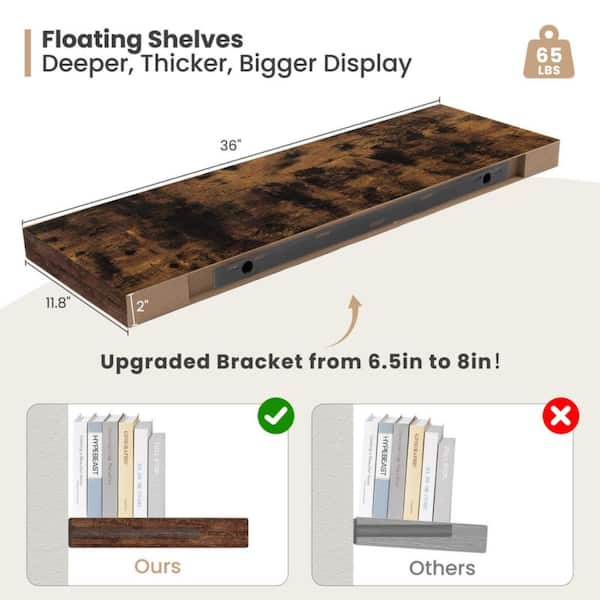36 in.W x 12 in.D Floating Shelves,Long Wall Shelf,Rustic Wood