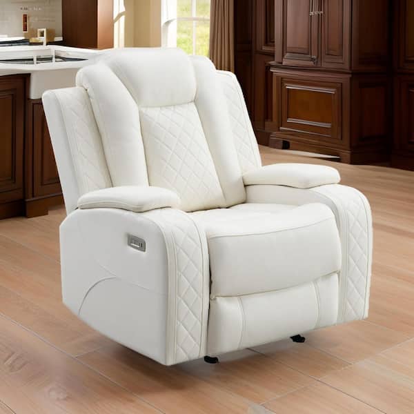 Benjara Plush White Faux Leather Luxury Power Glider Recliner