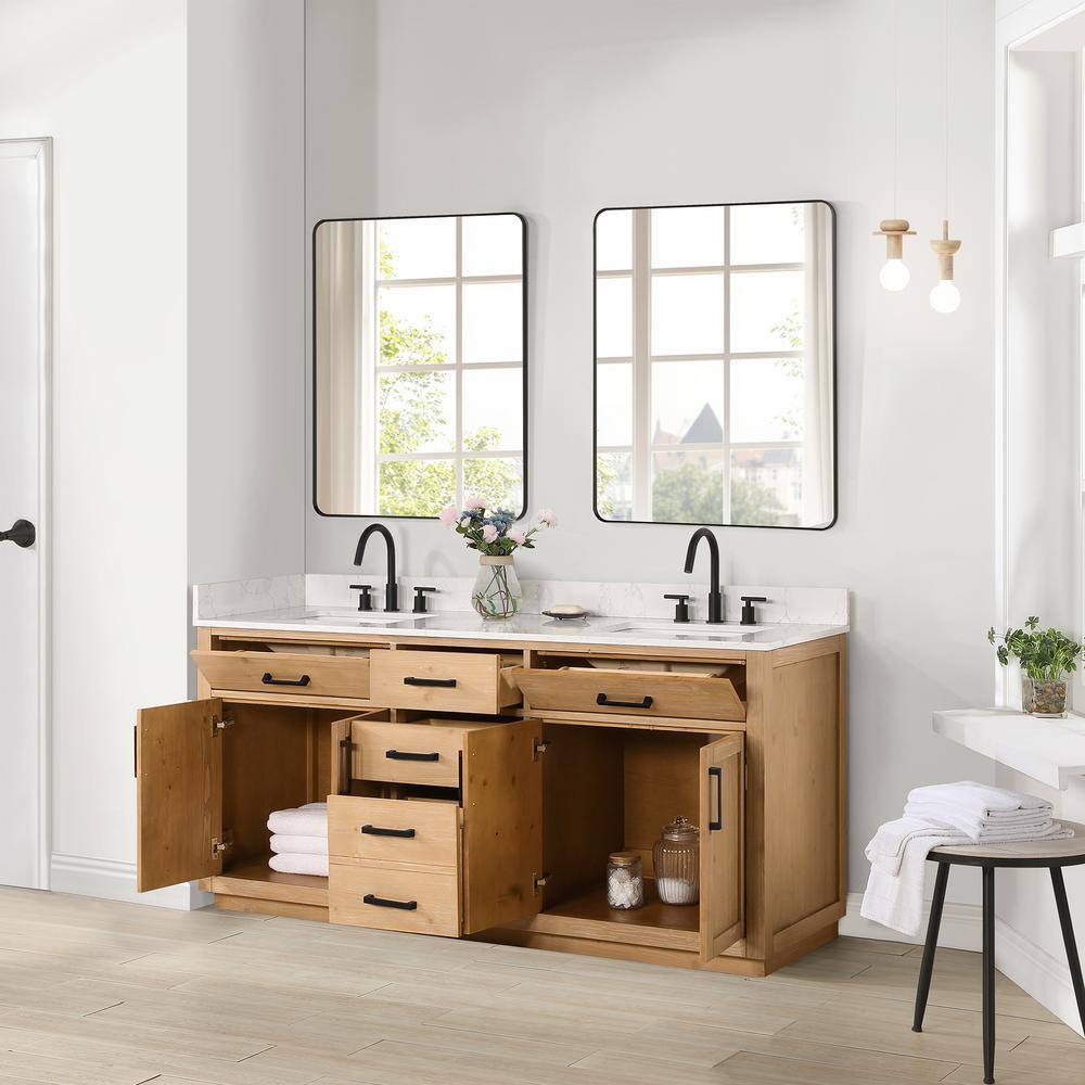 Gavino 72" Light Brown Wood Vanity with Composite Stone Top and Mirror