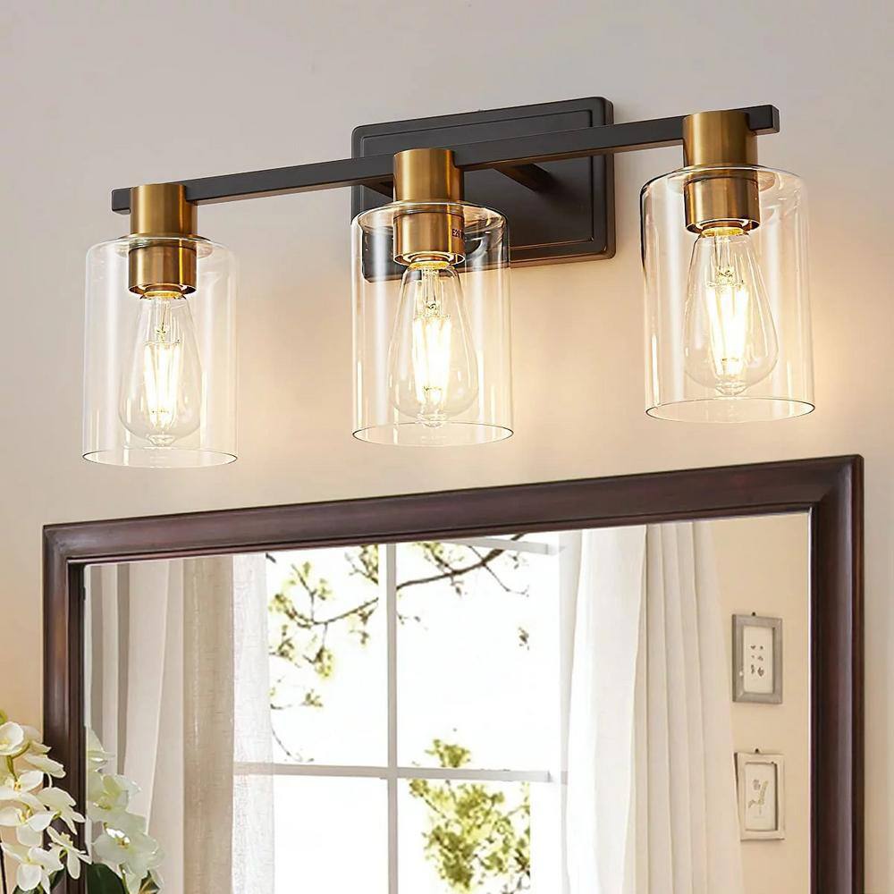 Farmhouse 19.68 in. 3-Light Black and Gold Modern Industrial Indoor Dresser Lamp w/ Clear Glass Shade, Bulb Not Included price history on PriceWatchPro