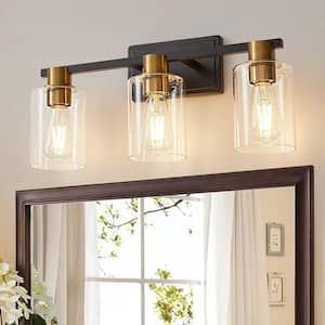 Farmhouse 19.68 in. 3-Light Black and Gold Modern Industrial Indoor Dresser Lamp w/ Clear Glass Shade, Bulb Not Included